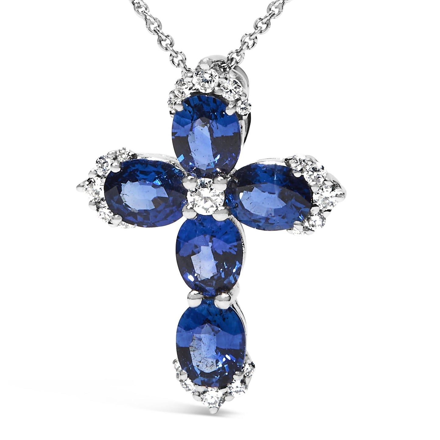 18K White Gold 3x4 MM Oval Blue Sapphire and Diamond Cross Pendant Necklace - 18" Inches