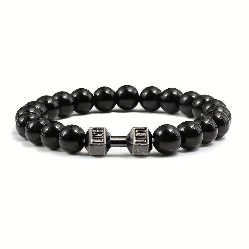 Hot Selling Vintage Men's Bangle Natural Stone Bead Dumbbell Pendant Elastic Strand Bracelet for Friend's Gift
