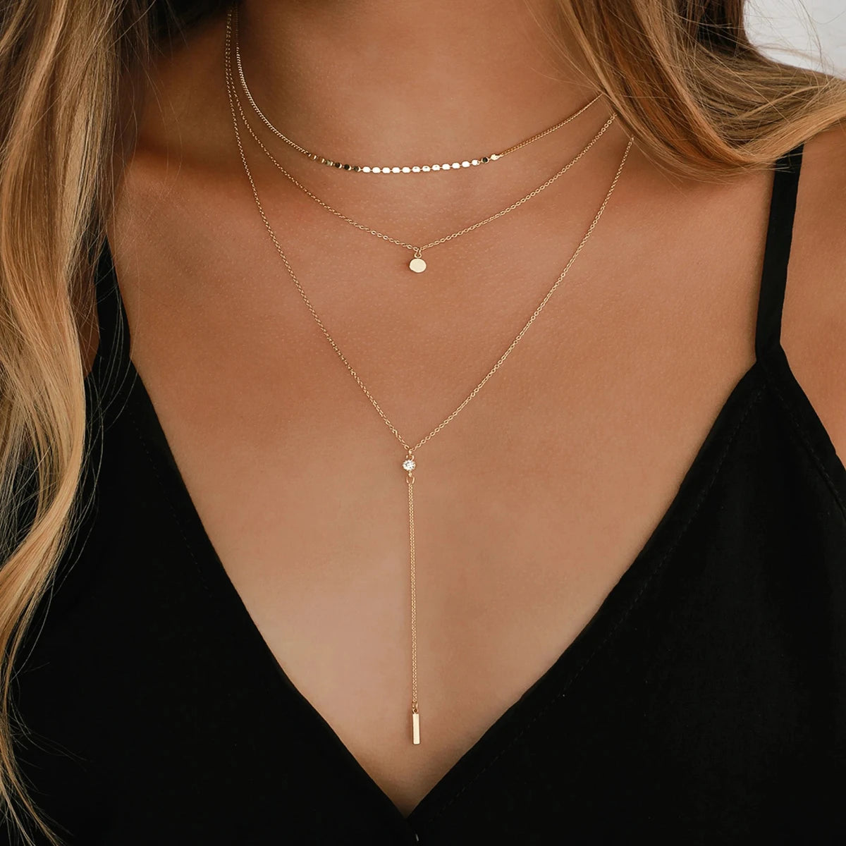 3Pcs/Set MultiLayer Round Disco Coin Chain Necklace for Women Simple Gold Color Pendant Necklaces Set Trendy Party Jewelry Gifts