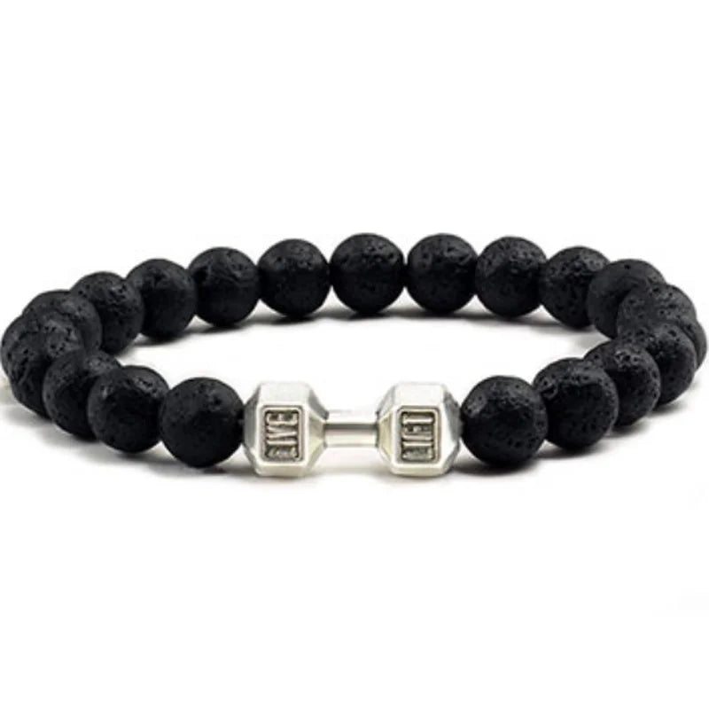 Hot Selling Vintage Men's Bangle Natural Stone Bead Dumbbell Pendant Elastic Strand Bracelet for Friend's Gift