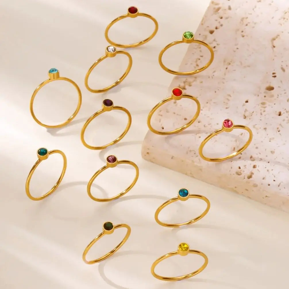 Birthstone Rings For Women Gold Color Stainless Steel Dainty Minimalist Ring Personalized Jewelry Ring Birth Month Jewelry Gift