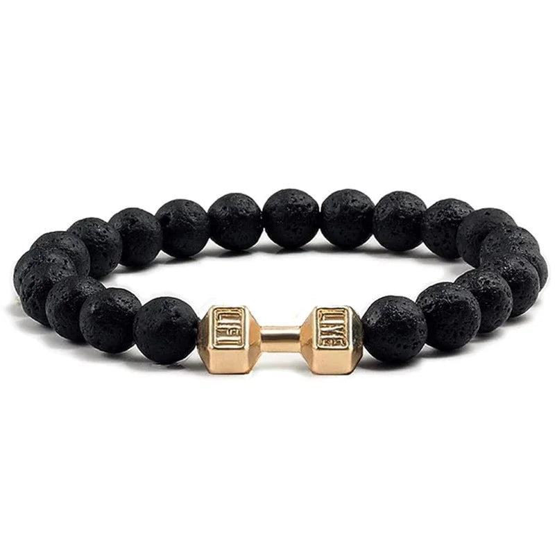 Hot Selling Vintage Men's Bangle Natural Stone Bead Dumbbell Pendant Elastic Strand Bracelet for Friend's Gift