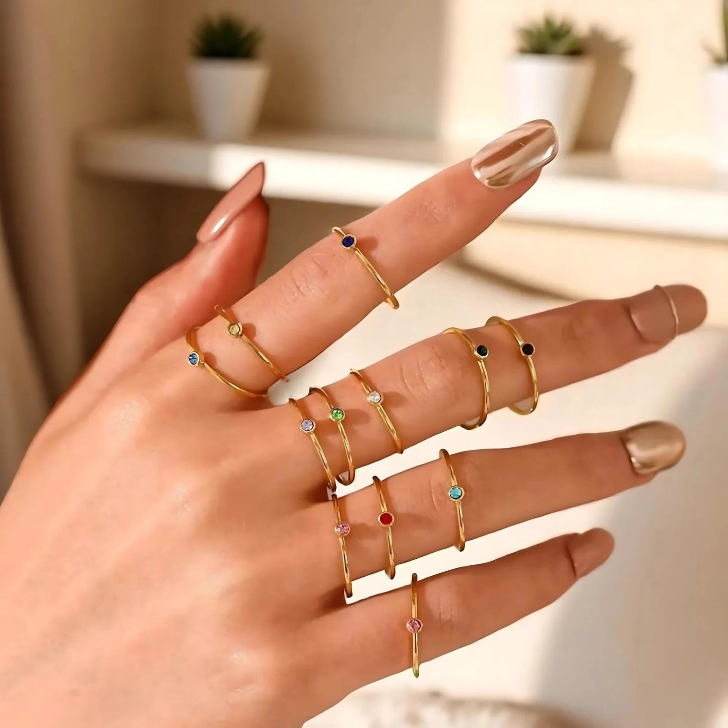 Birthstone Rings For Women Gold Color Stainless Steel Dainty Minimalist Ring Personalized Jewelry Ring Birth Month Jewelry Gift